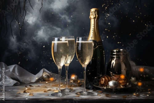 celebration, christmas, bubble, drink, gold, luxury, wine, alcohol, champagne, event. anniversary party is coming celebrate. luxury champagne put on night dinner with confetti falling behind that.