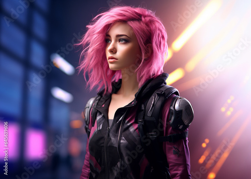A Pink Haired Cyberpunk Woman Black Jacket In Cinematic Lighting © faagrafica