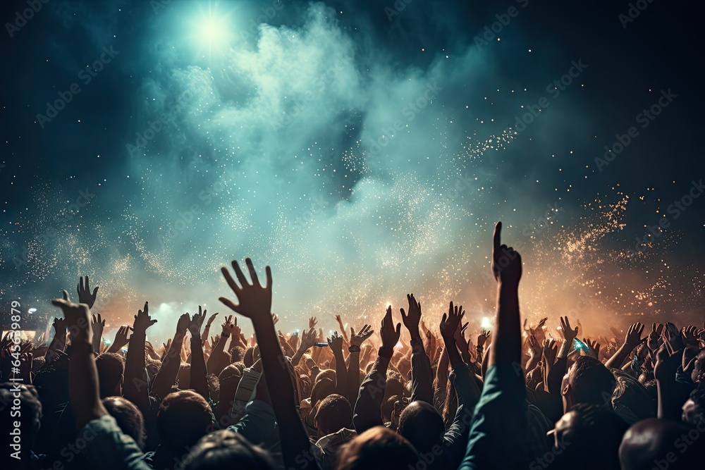 celebration, concert, party, stage, club, event, night, festival, nightclub, show. night club on the stage has smoke and fire, now for concert festival. party attendees everyone put your hands up.