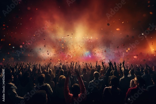 celebration, concert, party, stage, club, event, night, festival, nightclub, show. night club on the stage has smoke and fire, now for concert festival. party attendees everyone put your hands up.