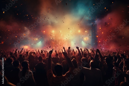 celebration  concert  party  stage  club  event  night  festival  nightclub  show. night club on the stage has smoke and fire  now for concert festival. party attendees everyone put your hands up.