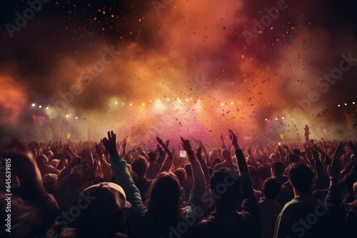 celebration, concert, party, stage, club, event, night, festival, nightclub, show. night club on the stage has smoke and fire, now for concert festival. party attendees everyone put your hands up. © Day Of Victory Stu.
