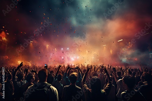 celebration, concert, party, stage, club, event, night, festival, nightclub, show. night club on the stage has smoke and fire, now for concert festival. party attendees everyone put your hands up.