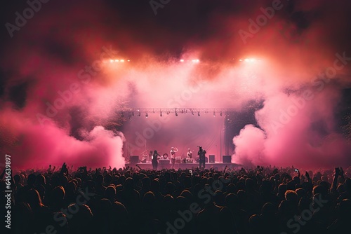 celebration, concert, party, stage, club, event, night, festival, nightclub, show. night club on the stage has smoke and fire, now for concert festival. party attendees everyone put your hands up.