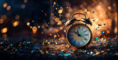 christmas, clock, time, celebration, decoration, midnight, festive, alarm, light, retro. vintage alarm clock on christmas festive background. new year's eve concept. put them middle of picture.