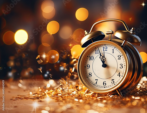 christmas, clock, time, celebration, decoration, midnight, festive, alarm, light, retro. vintage alarm clock on christmas festive background. new year's eve concept. put them middle of picture.