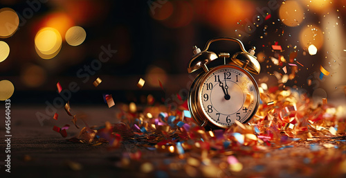 christmas, clock, time, celebration, decoration, midnight, festive, alarm, light, retro. vintage alarm clock on christmas festive background. new year's eve concept. put them middle of picture.