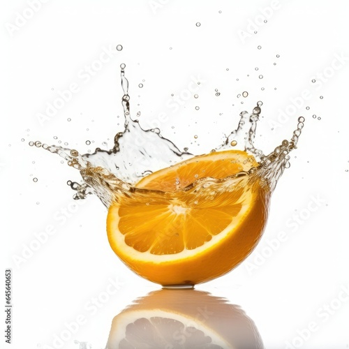 Orange in water splash on white background