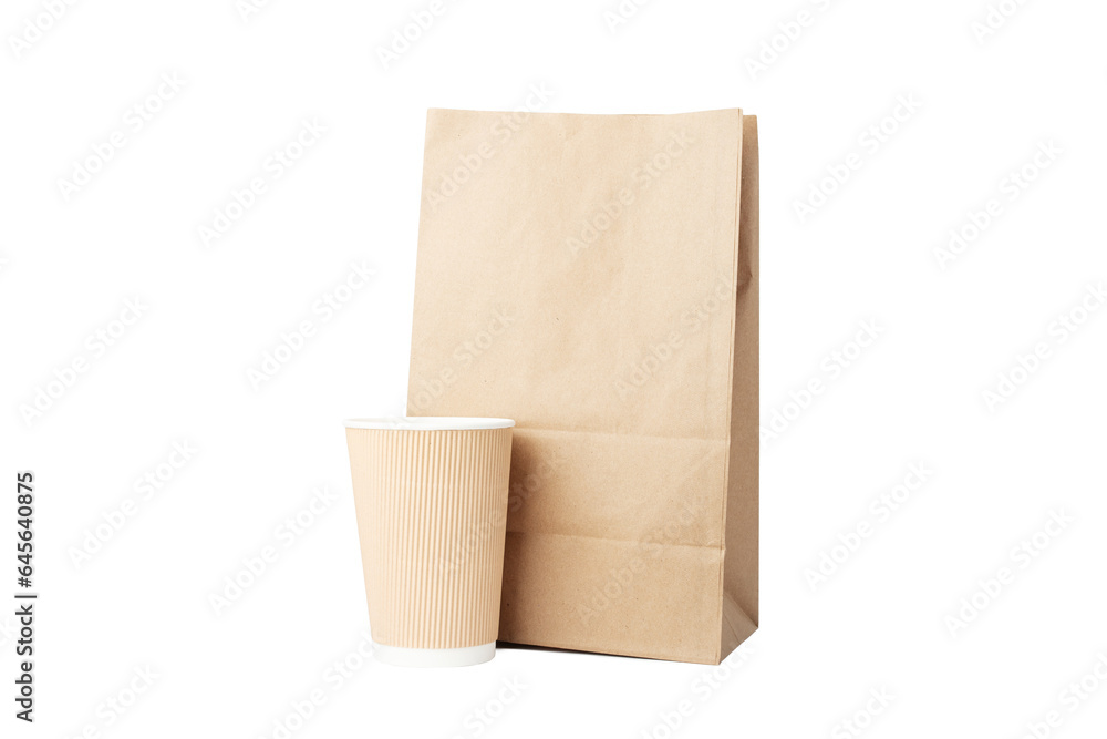 take away bag with a cardboard cup isolated, lunch delivery, eco-friendly packaging, grocery shop, brown kraft packet take away bag with a cardboard cup isolated, lunch delivery, eco-friendly packaging, grocery shop, brown kraft packet