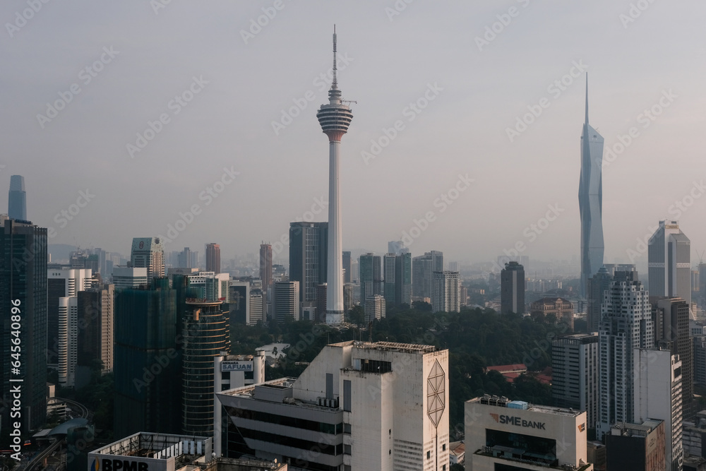 View of Kuala Lumpur city, KL and Merdeka 118 Towers on sunny day, Malaysia.