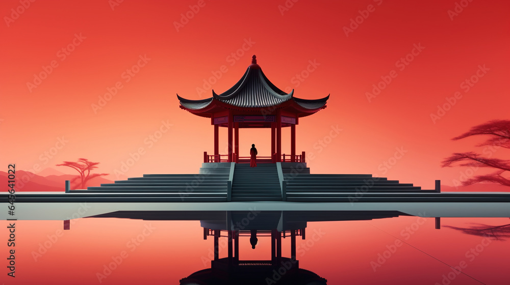 Chinese Tower Under Red Sky Reflection in Lake Water Watercolor Painting Chinese Tower Under Red Sky Reflection in Lake Water Watercolor Painting