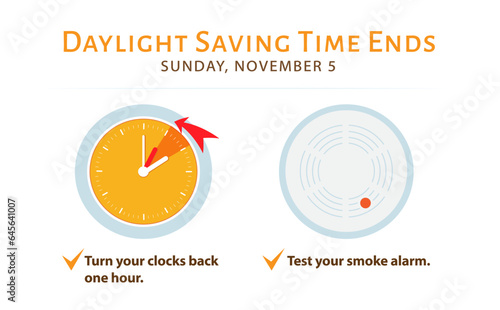 Daylight saving time ends 5 november 2023 banner. Fall back time. Banner reminder with info about changing time and batteries in smoke alarm. Clock back one hour. USA and Canada
