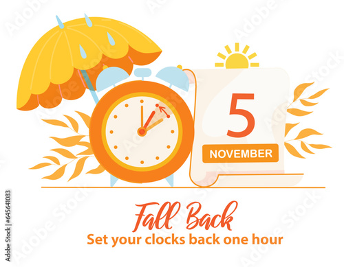 Fall Back banner. Daylight saving time ends concept. Alarm clock and calendar with the date of November 5, 2023 on autumn background. The reminder text - set clock back one hour. Vector illustration