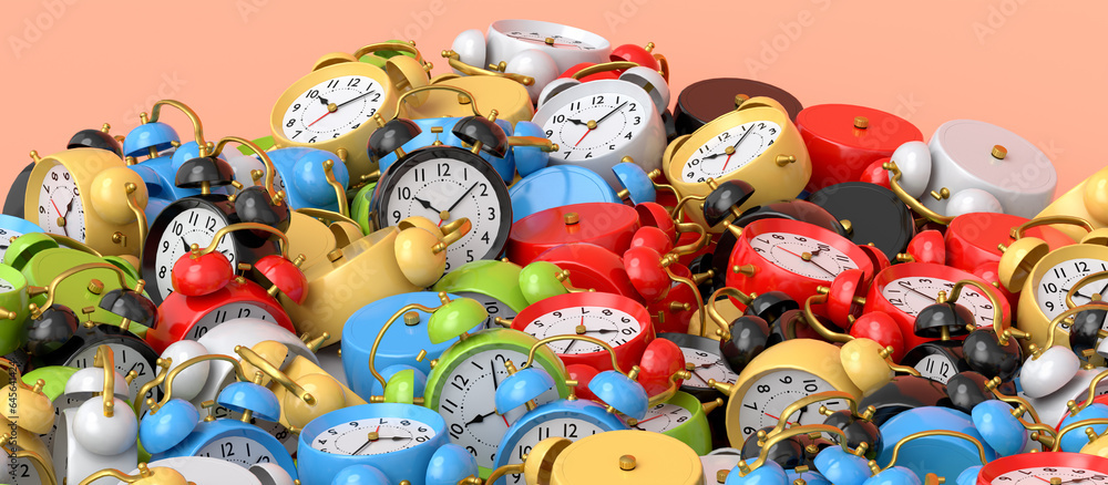 Pile of alarm clocks on pink background. 3d render of wake up time