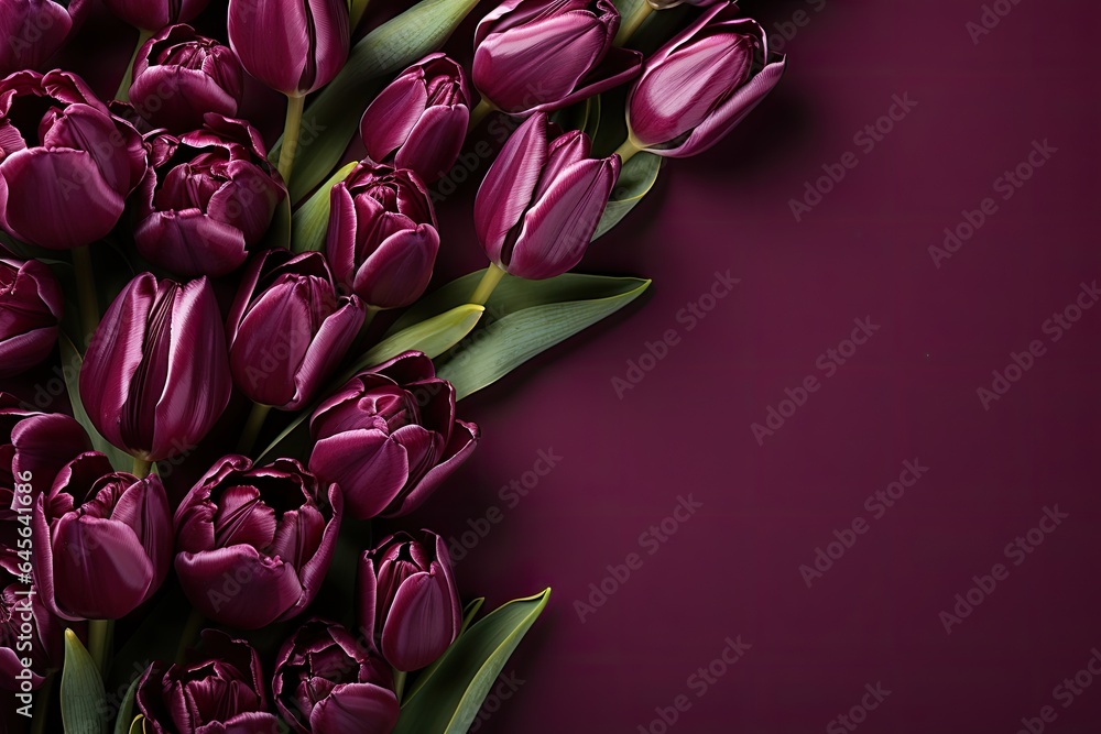 tulips on purple background, copy space