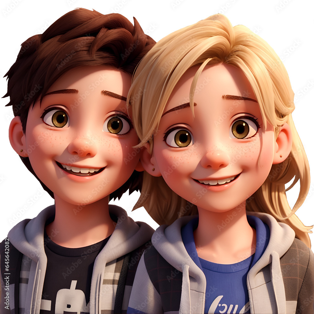 Portrait of smiling happy boy and girl isolated on transparent background, 3d illustration. Generative AI Portrait of smiling happy boy and girl isolated on transparent background, 3d illustration. Generative AI