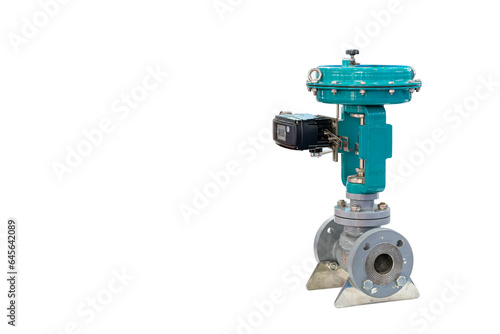 Globe valve assembly with automatic pneumatic diaphragm actuator control for turn close and open water or liquid conveying in piping system in industrial isolated on white with clipping path