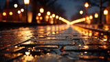 Empty Street Wet Stone Path at Night With Classic Street Lamp in Rain