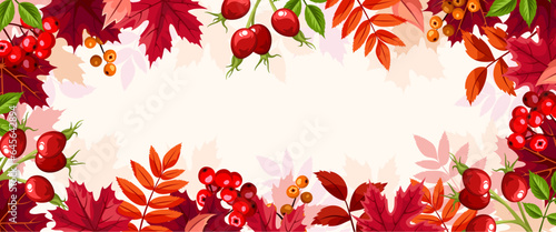 Autumnn background with red autumn leaves, rosehip, and rowanberries. Vector banner or header