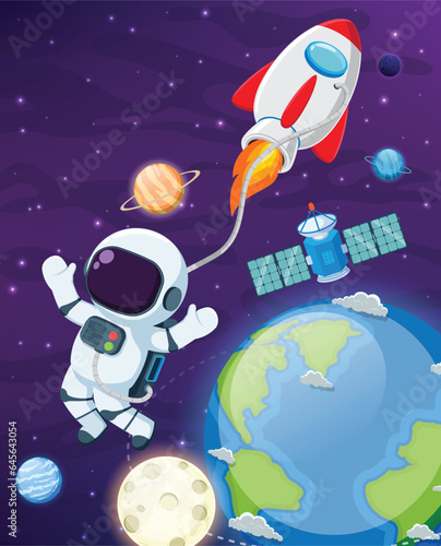 Astronaut flying With Rocket On Space