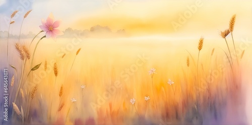 Beautiful wheat field. Watercolor landscape. AI generated illustration