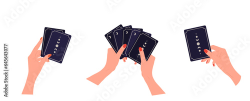 Hands holding tarot cards with boho moon. Female fortune teller predicting future. Magic and esoteric. Set of vector illustrations in flat cartoon style.