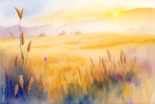 Beautiful wheat field. Watercolor landscape. AI generated illustration