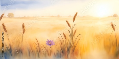 Beautiful wheat field. Watercolor landscape. AI generated illustration