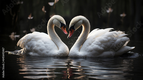 Two White Swans Swimming on the Water Together. Their Necks Form a Heart