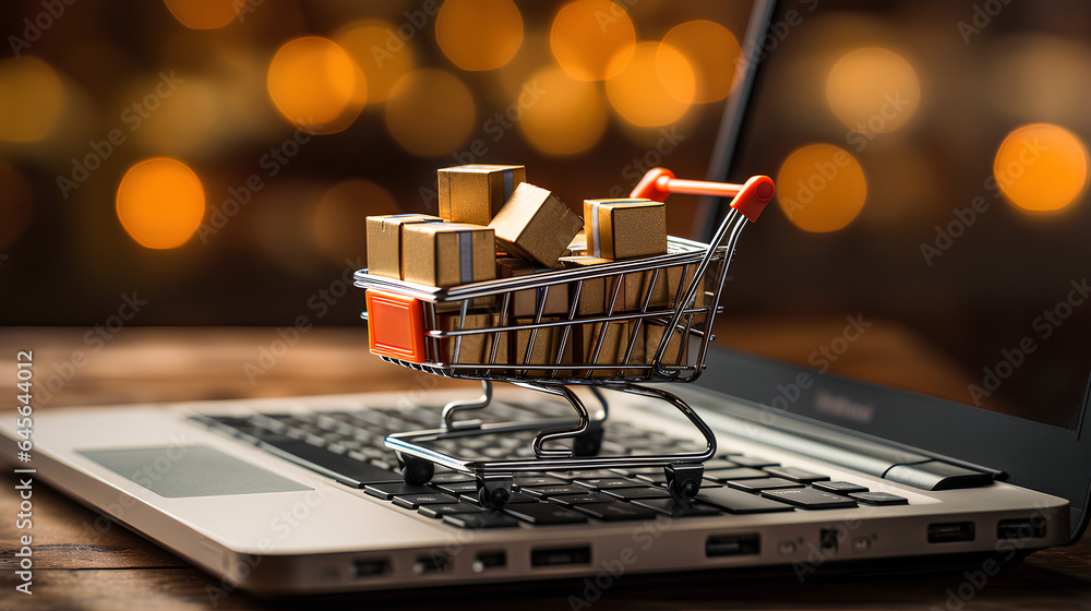 Shopping cart with gift boxes on laptop keyboard. Online shopping concept.