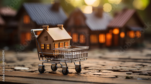 Miniature model of a house in a shopping cart on a wooden background.