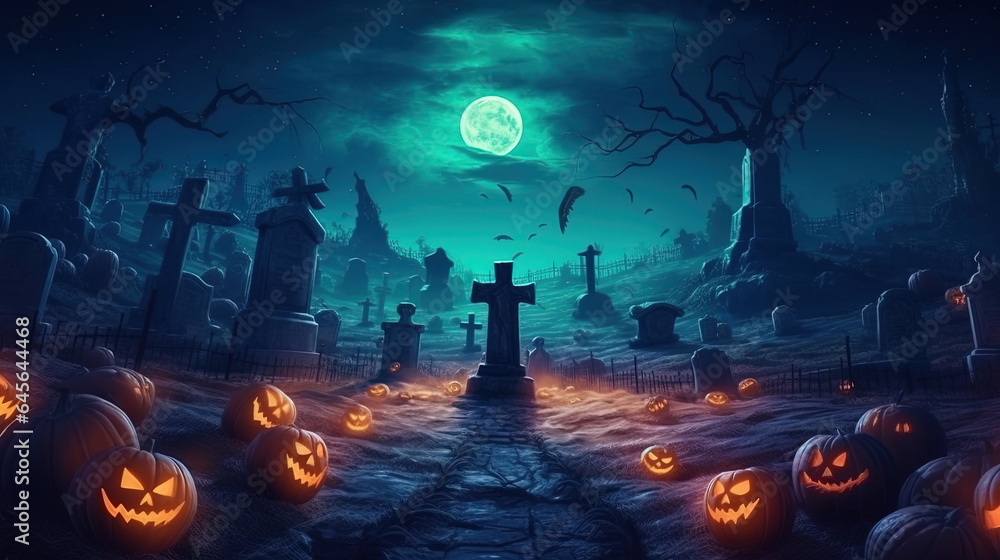 Gothic Pumpkin in a Spooky Graveyard at Night Concept of Holiday Event Halloween - obrazy, fototapety, plakaty 