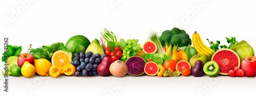 top view of fresh fruits, vegetables and berries on white background © XC Stock