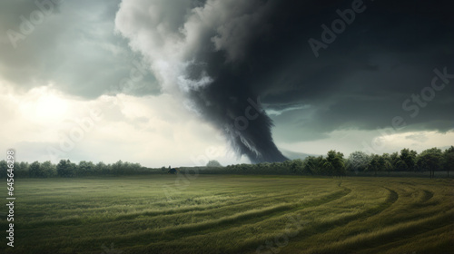 Nature's Fury Unleashed: Tornado Emerging from Dark Clouds Over Vast Open Field in a Spectacular Display of Power and Destruction.