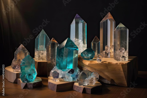 Arrangement of large crystals on wooden platforms in a showcase against a dark background softly illuminated by oblique light