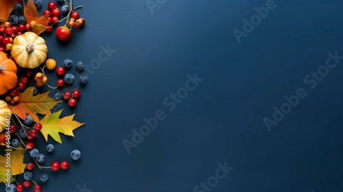 Pumpkin and berries autumn harvest and leaves on navy blue background, top view, Thanksgiving and Halloween autumn background with copy space.