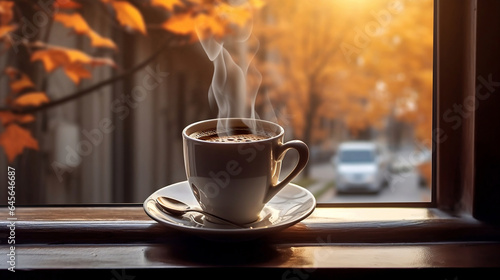 A cup of hot coffee near window with small city view in autumn morning, background with copy space, close up shot.