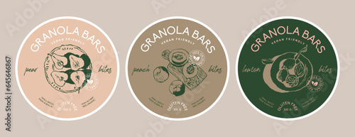Vector round packaging label design template collection with food illustrations