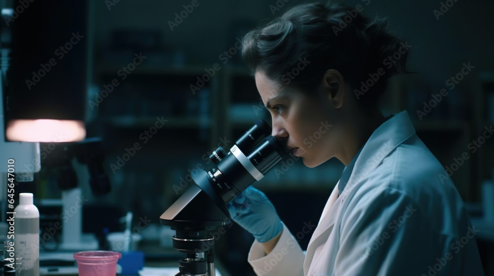 Female scientist wearing in medical coat and protective gloves conducting research investigation in a laboratory using a microscope. Research scientist looks at the chemical and biological reaction Female scientist wearing in medical coat and protective gloves conducting research investigation in a laboratory using a microscope. Research scientist looks at the chemical and biological reaction