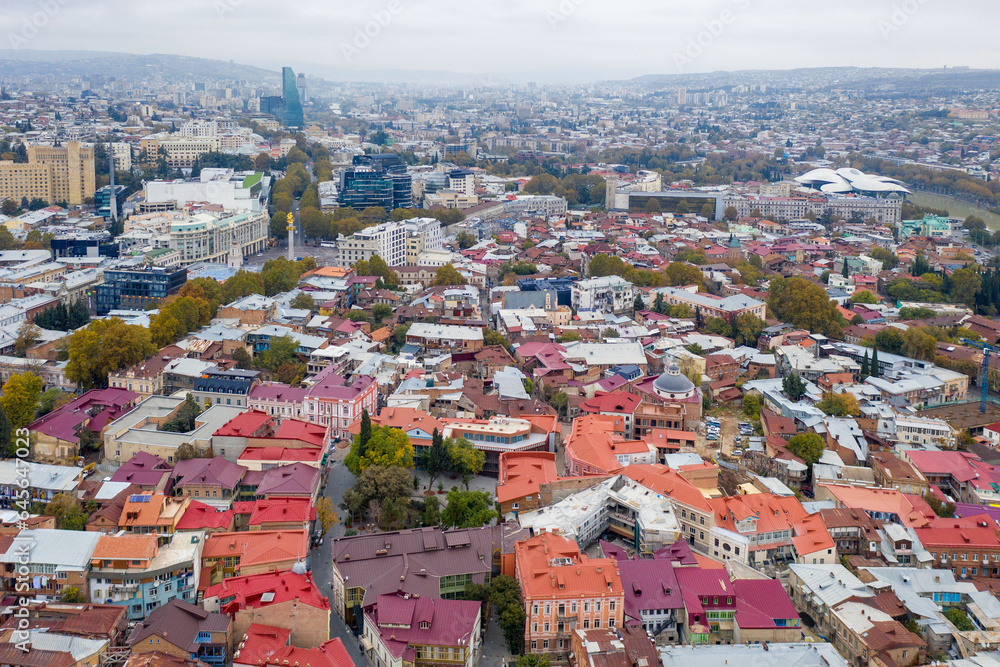 Aerial view of central part of Tbilisi on cloudy autumn day. Georgia.