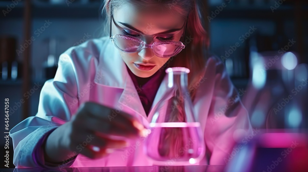 Student of the faculty of biology and chemistry or female young scientist conducts experiment with test tube and pink liquid. Laboratory for the study of virus bacteria and infection. Research
