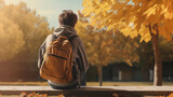 Young Boy Ready for School: Backpack On, Embracing the Autumn Back-to-School Spirit.
