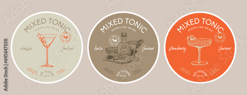 Vector round packaging label design template collection with beverage illustrations