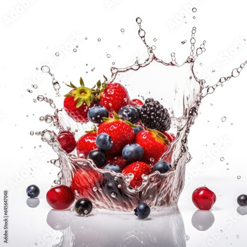 Mixed berries in splash on white background