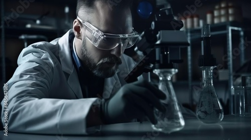 Male scientist wearing in medical coat and protective glasses pours the liquid into a beaker and looks at the chemical and biological reaction. The lab of virus bacteria and infection. Research