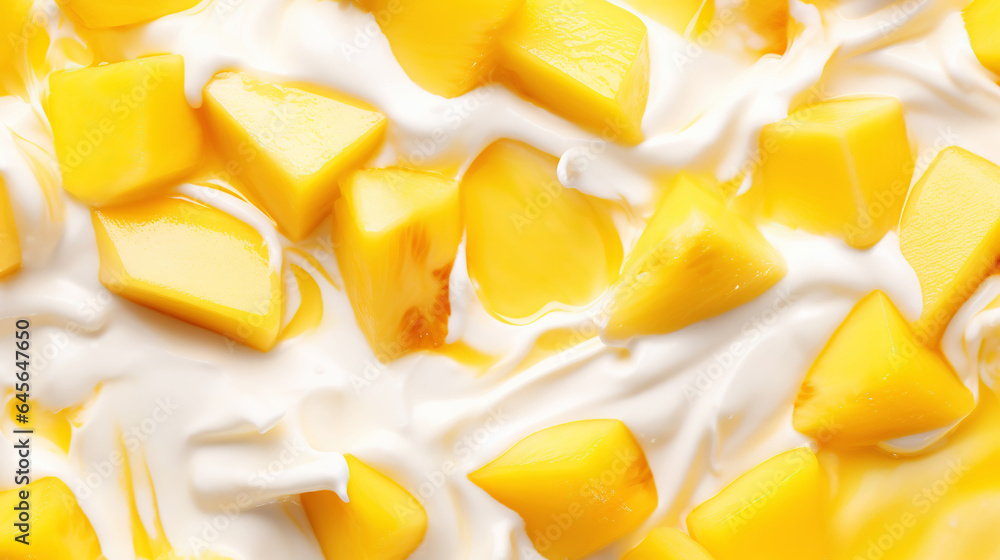Yogurt and fresh mango pieces, background. Top view. Generative AI Yogurt and fresh mango pieces, background. Top view. Generative AI