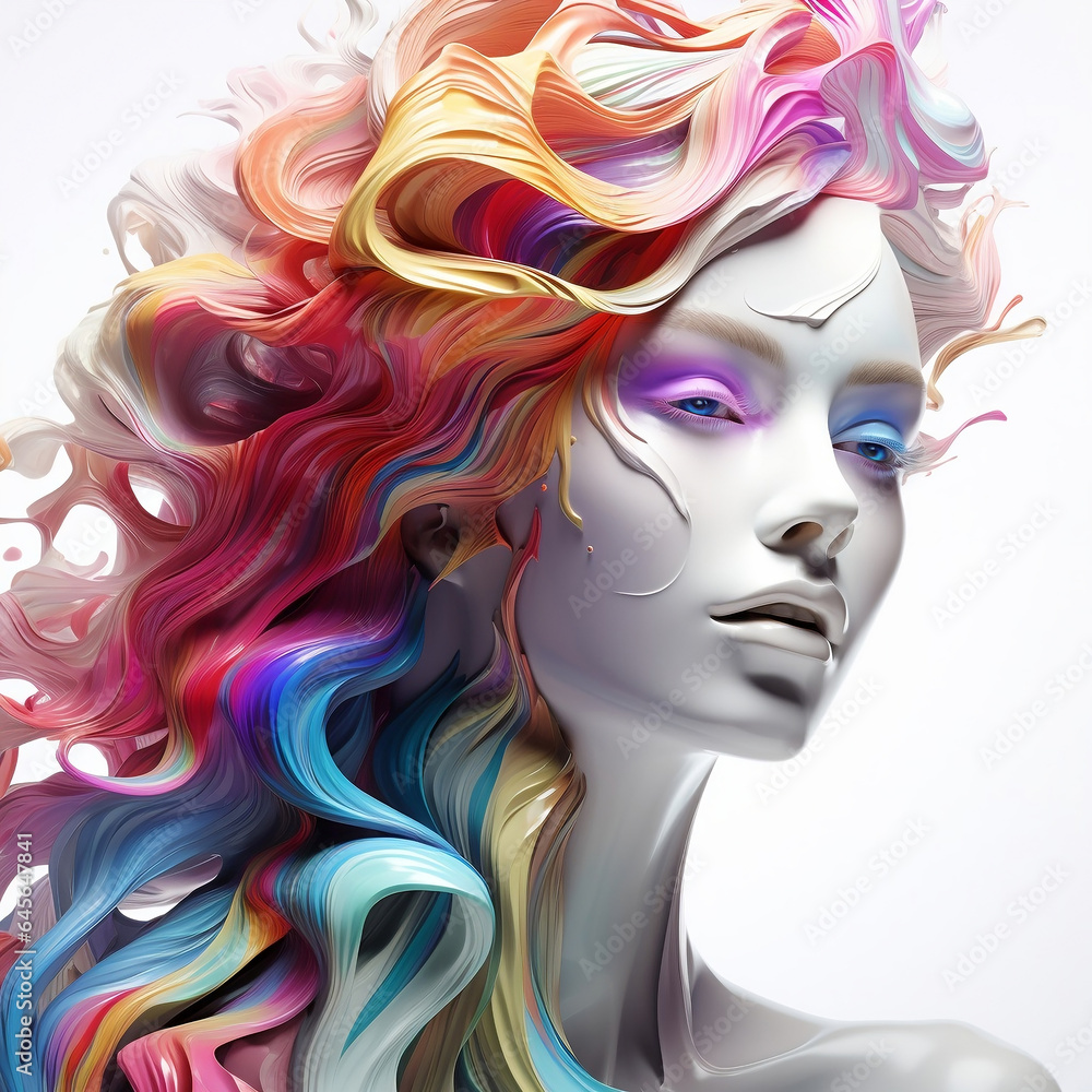 close-up of a female head with developing multi-colored thick hair, for hairdressers, banner, business card, background