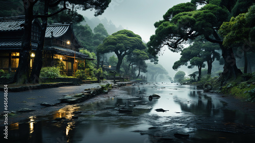 The Beautiful Chinese Wet Road and Green Trees in the Rain Landscapes © Image Lounge