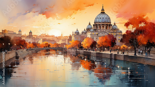 Watercolor Oil Painting of Rome City River Side Street With Bridge Colorful Soft Orange Background © Image Lounge