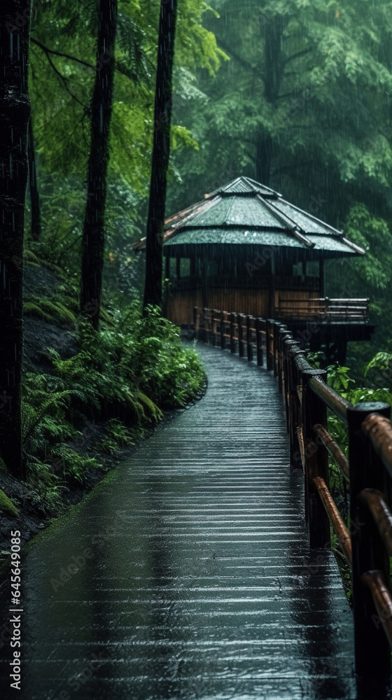 Obraz premium The Path Leads to Bamboo Forest Drizzle and Fog Weather